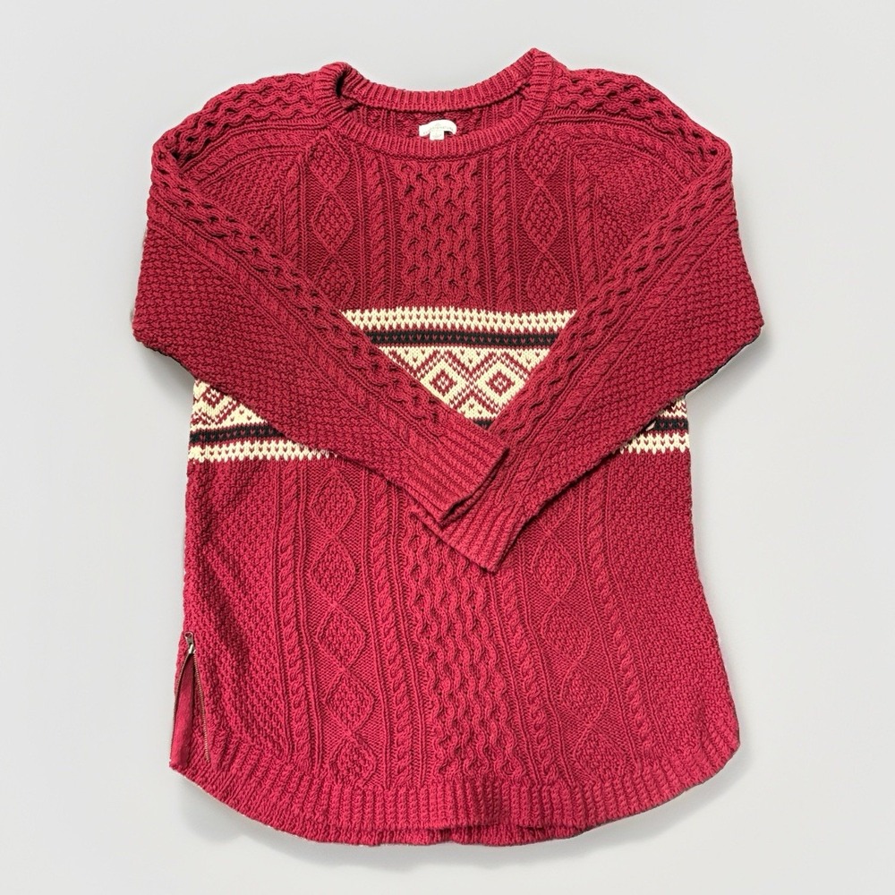 LL Bean Signature Cotton Fisherman Tunic Sweater Red Fair Isle 510983 Lg